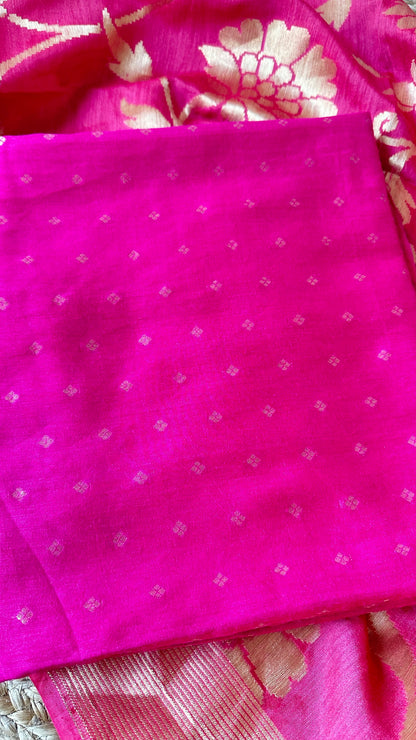 Rani pink moonga silk kurta, moonga bottom, carrot pink dupatta