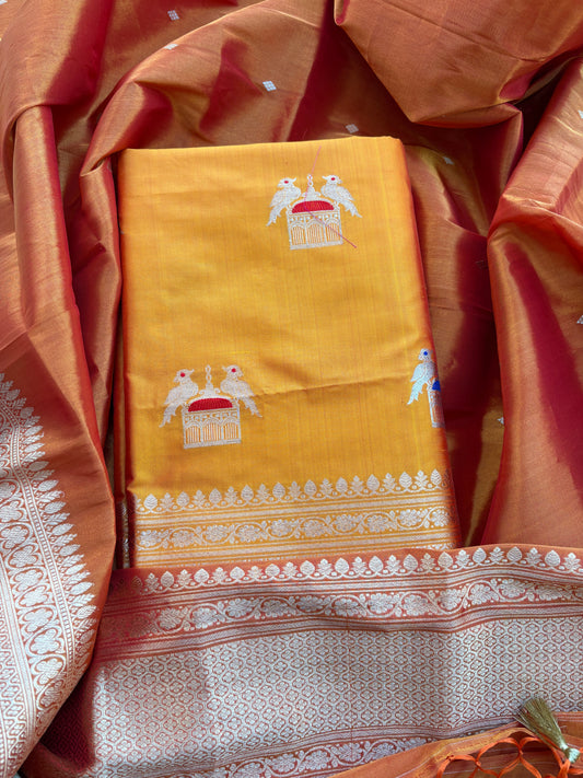 Yellow katan by katan silk with tissue kadhwa dupatta