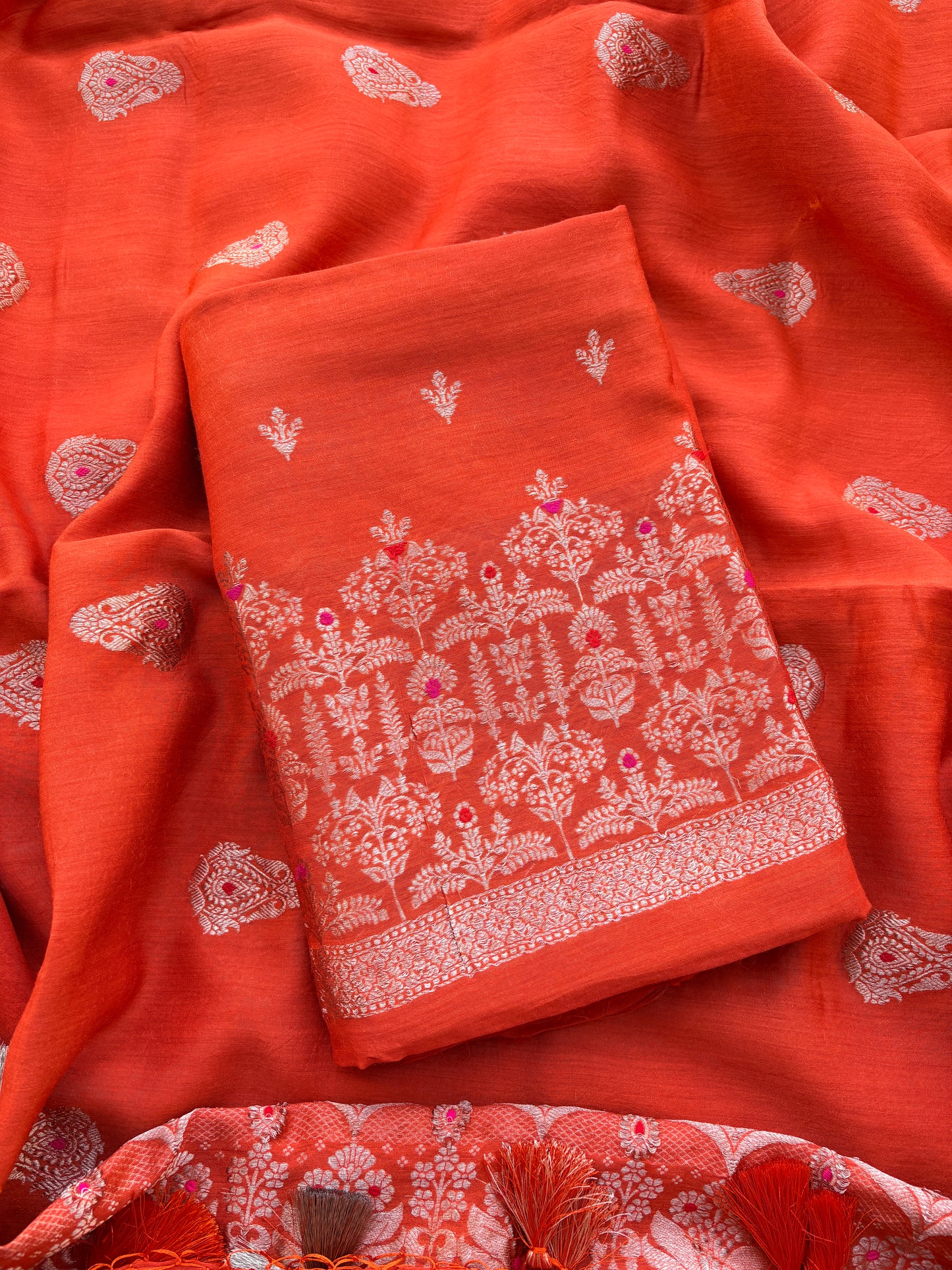 Orange moonga silk suit set kadhwa weave