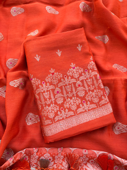 Orange moonga silk suit set kadhwa weave