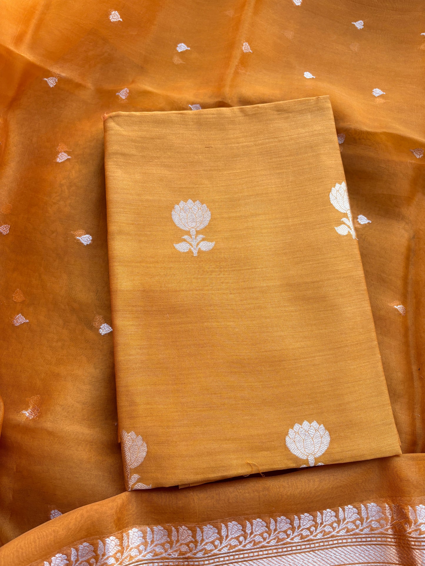 Yellow Chiniya silk kora kadhwa suit set