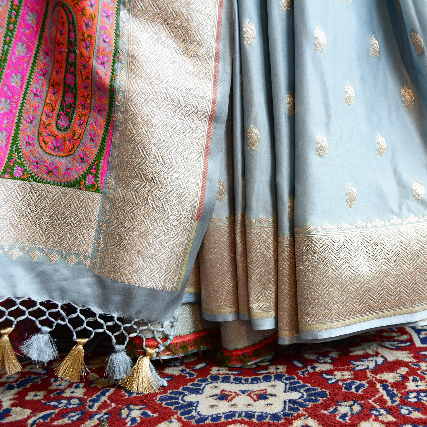 Grey - Blue Mashru Silk Saree