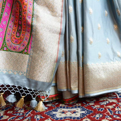 Grey - Blue Mashru Silk Saree