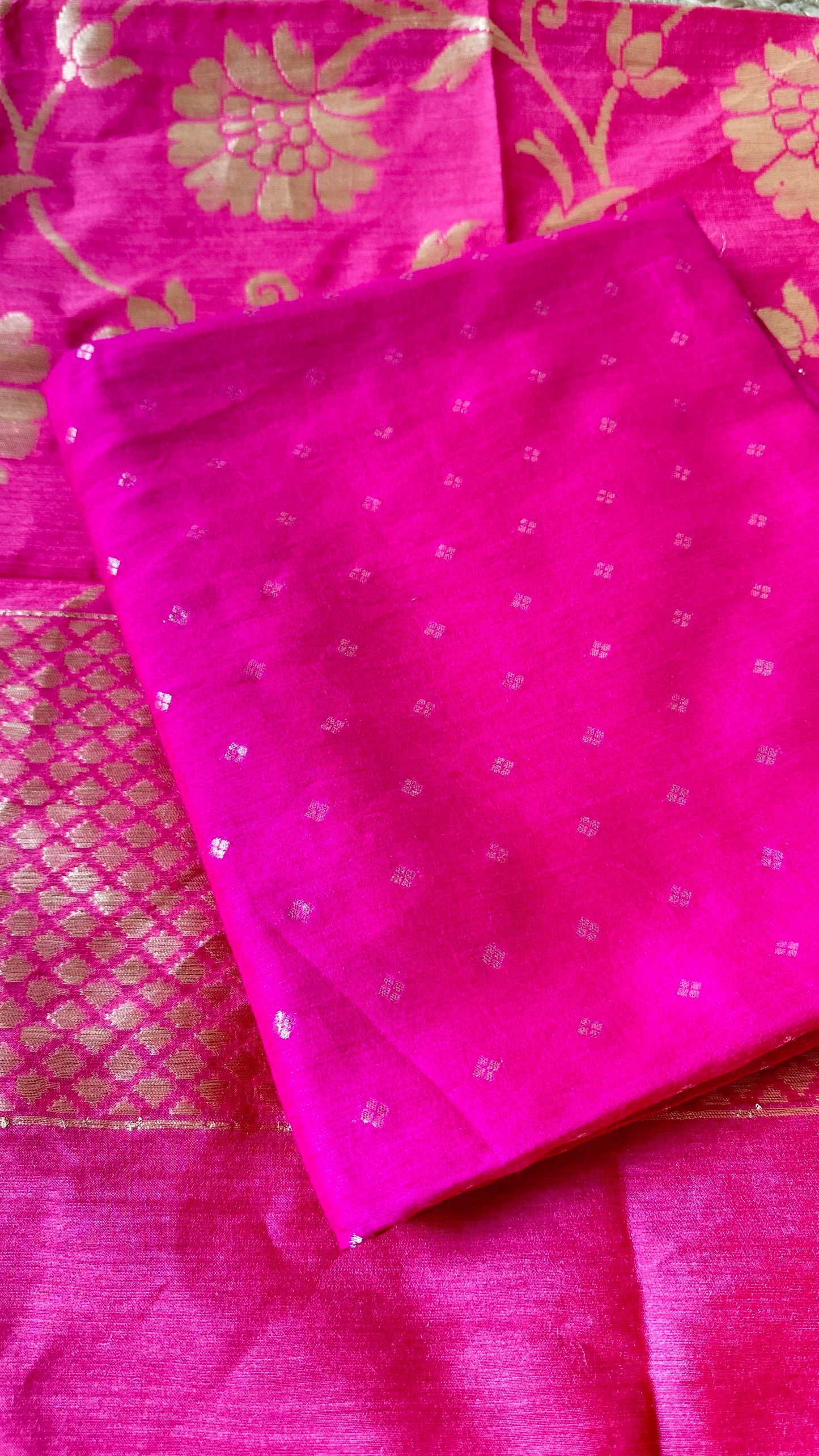 Rani pink moonga silk kurta, moonga bottom, carrot pink dupatta