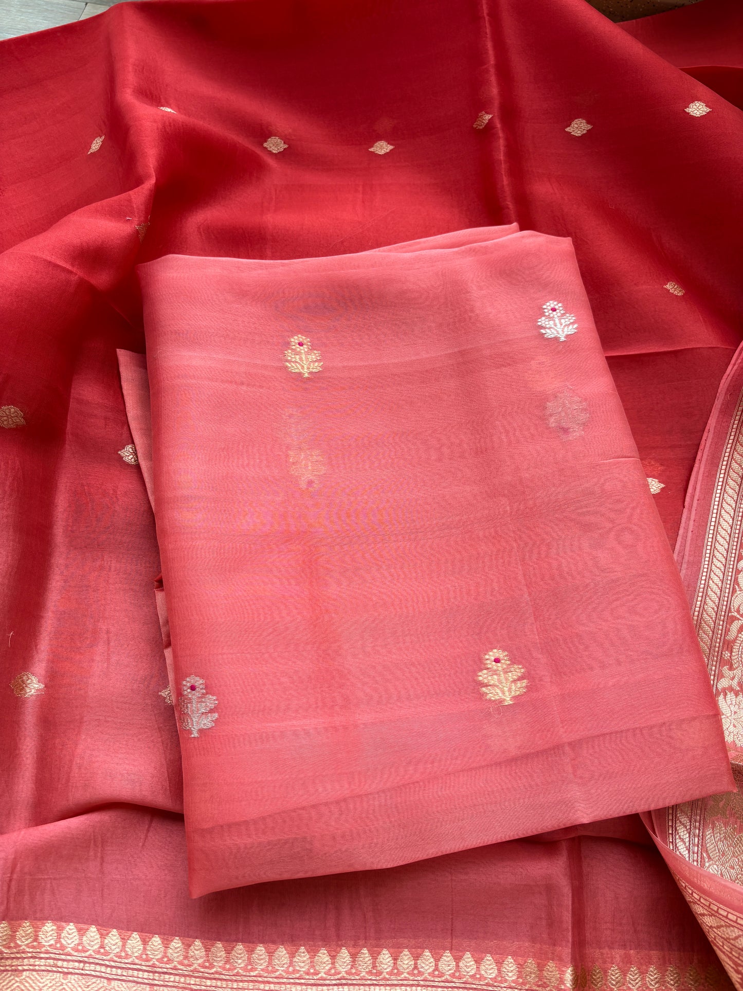 Peach kora silk shaded dupatta suit set