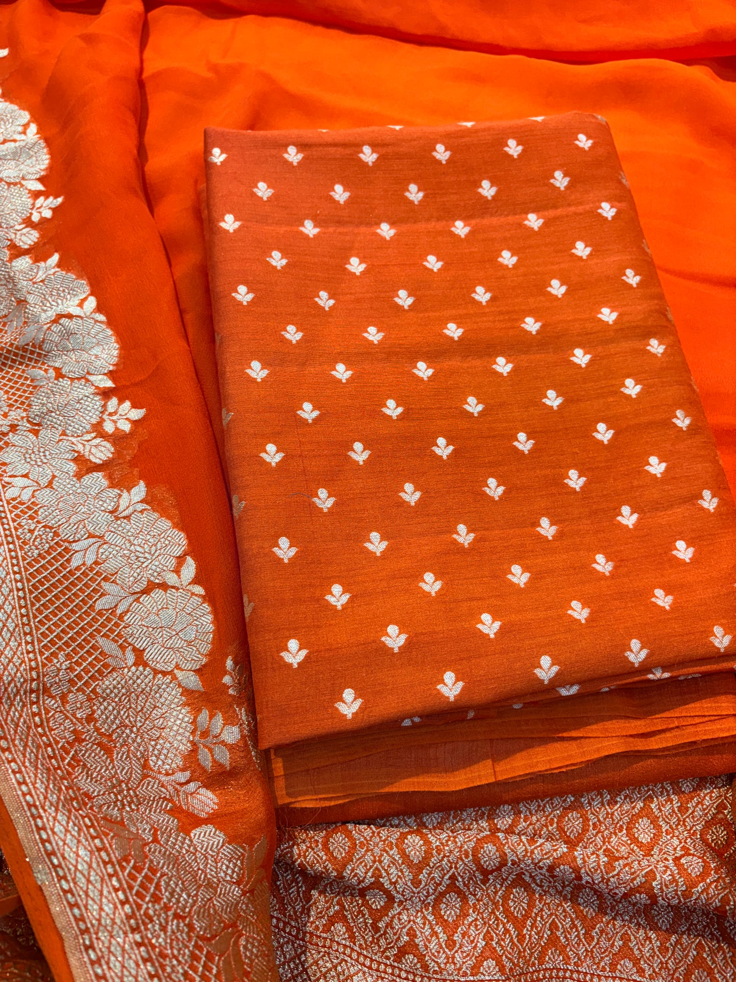 Orange moonga silk kurta , bottom and Khaddi georgette kadhwa dupatta