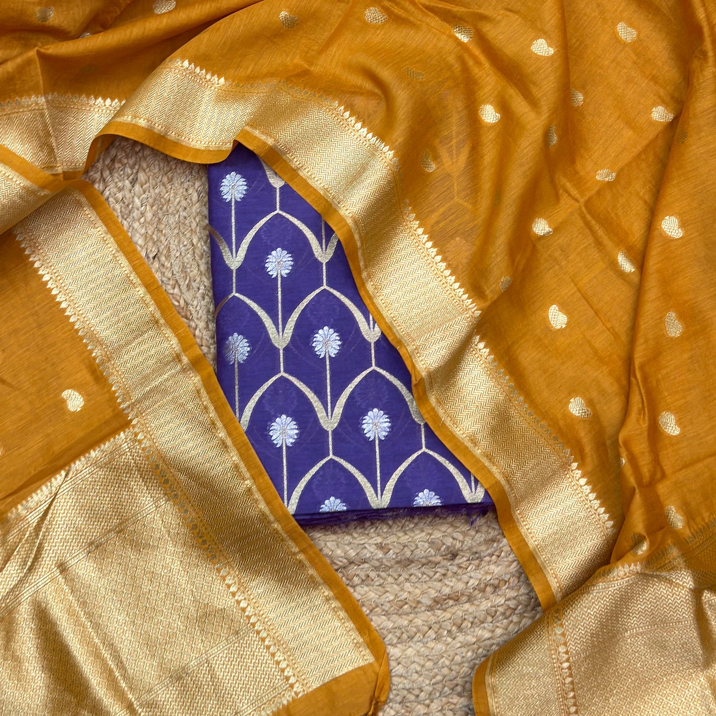 Purple mustard cotton silk suit set