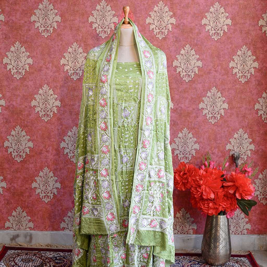 Green bandhani Chikankari suit set