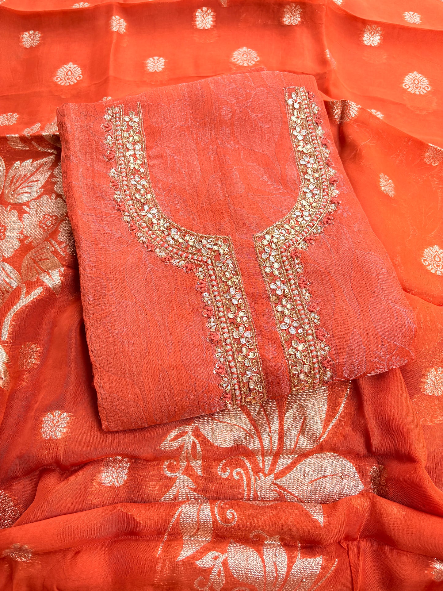 Peach orange tissue silk 3 piece  suit set