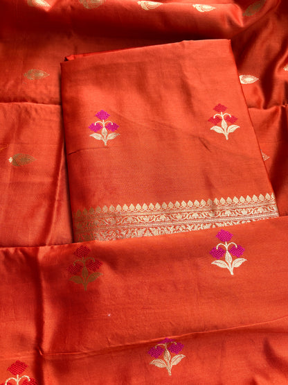Rust orange Chiniya silk kadhwa suit set.