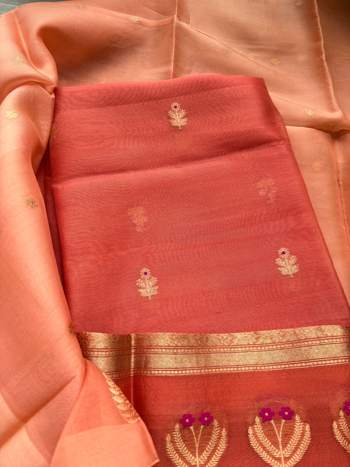Peach orange kora silk suit set with shaded dupatta