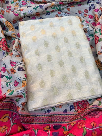 Cream cotton suit with digital printed dupatta, plain bottom