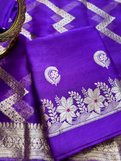 Purple chiniya meenadar suit set, kora silk dupatta, plain silk bottom.