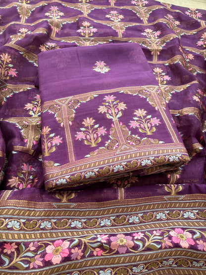 Purple kora silk jaal suit set