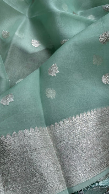 Pastel green pure silver chiniya silk suit, kora silk dupatta, plain silk bottom.