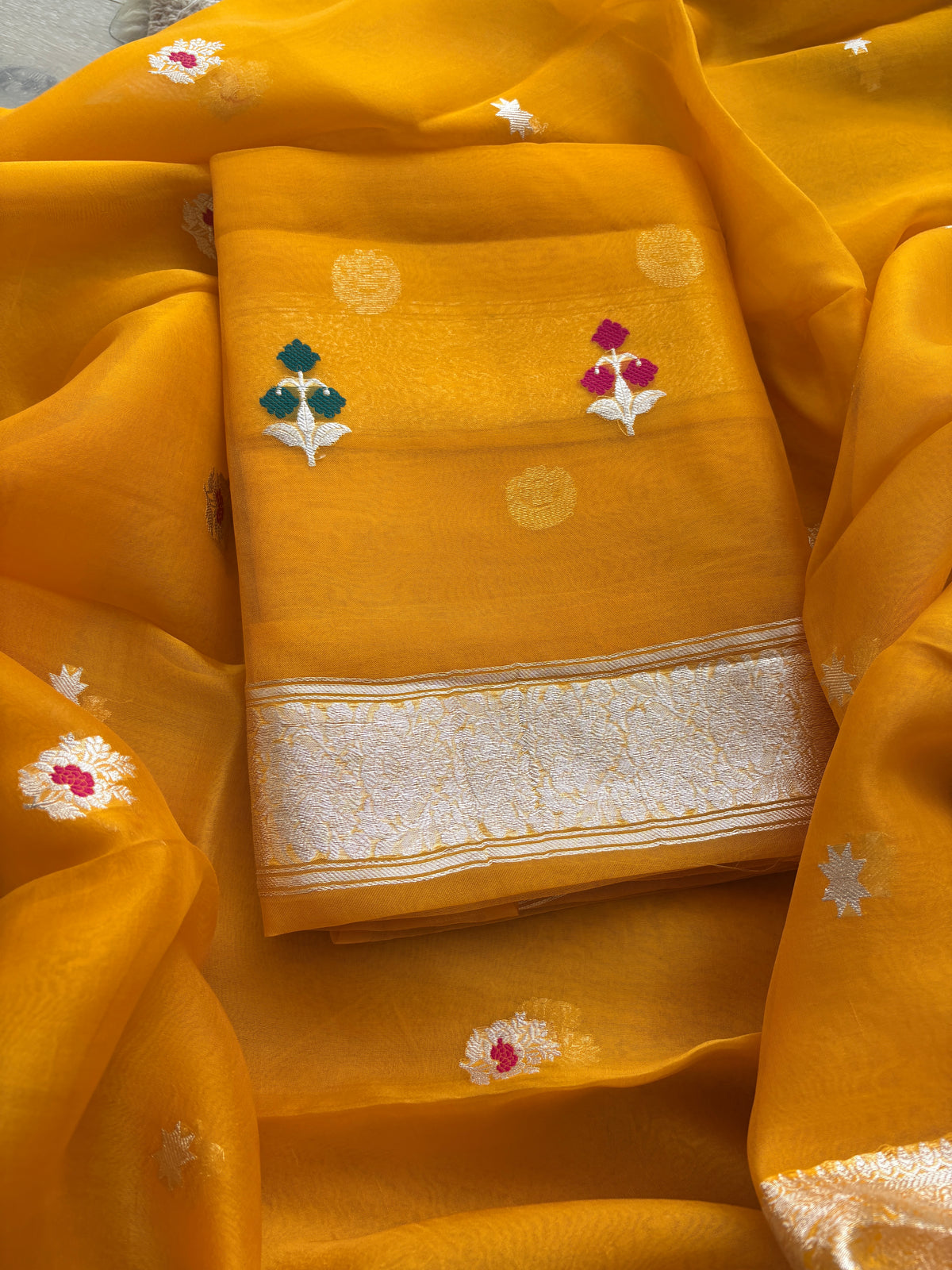 Yellow Kora silk meenadar silver zari suit set
