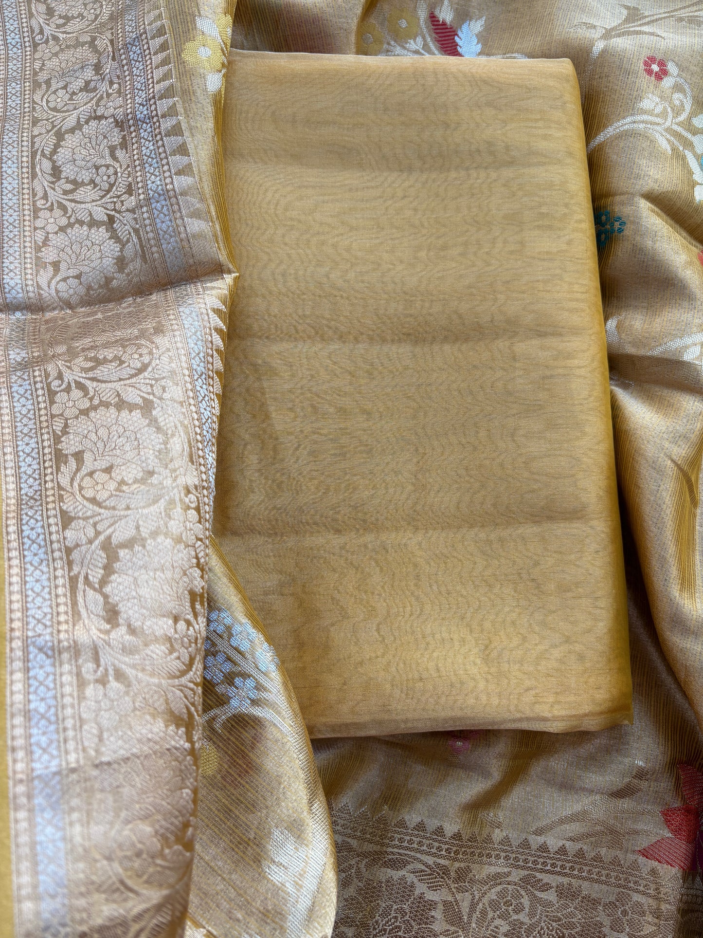 Yellow tissue suit with Kota tissue tilfi dupatta