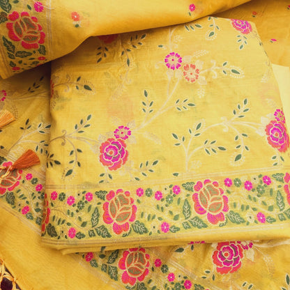 Yellow chanderi full Jaal weaving 3 piece suit