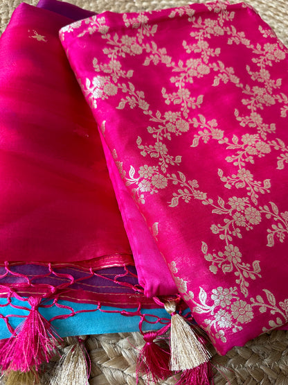 Hot pink  chiniya katan kurta and multishaded kora silk kadhwa kurta.