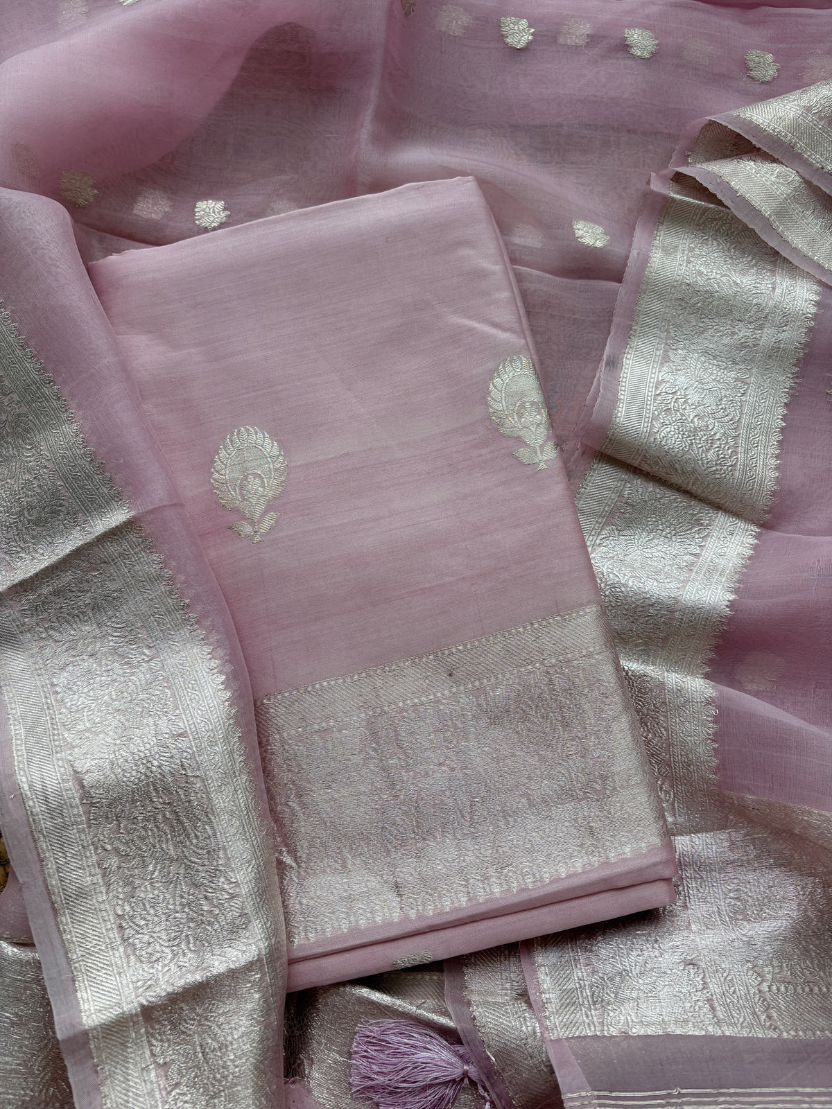 Pink lavender silver zari Chiniya silk suit set
