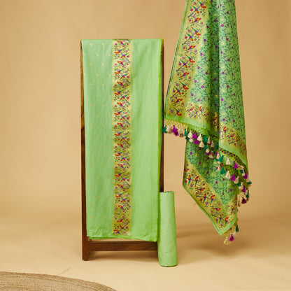 Green Paithani meenadar Chanderi cotton 3 piece set