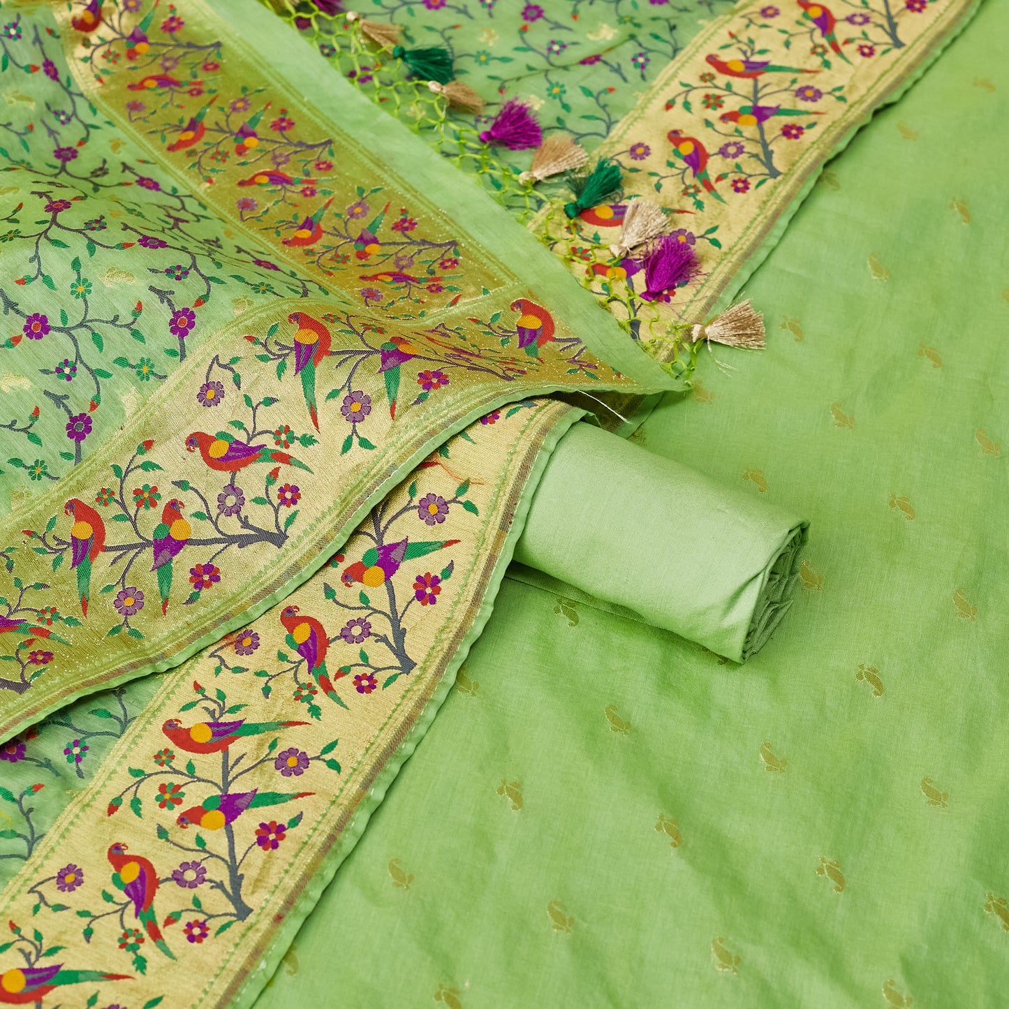 Green Paithani meenadar Chanderi cotton 3 piece set