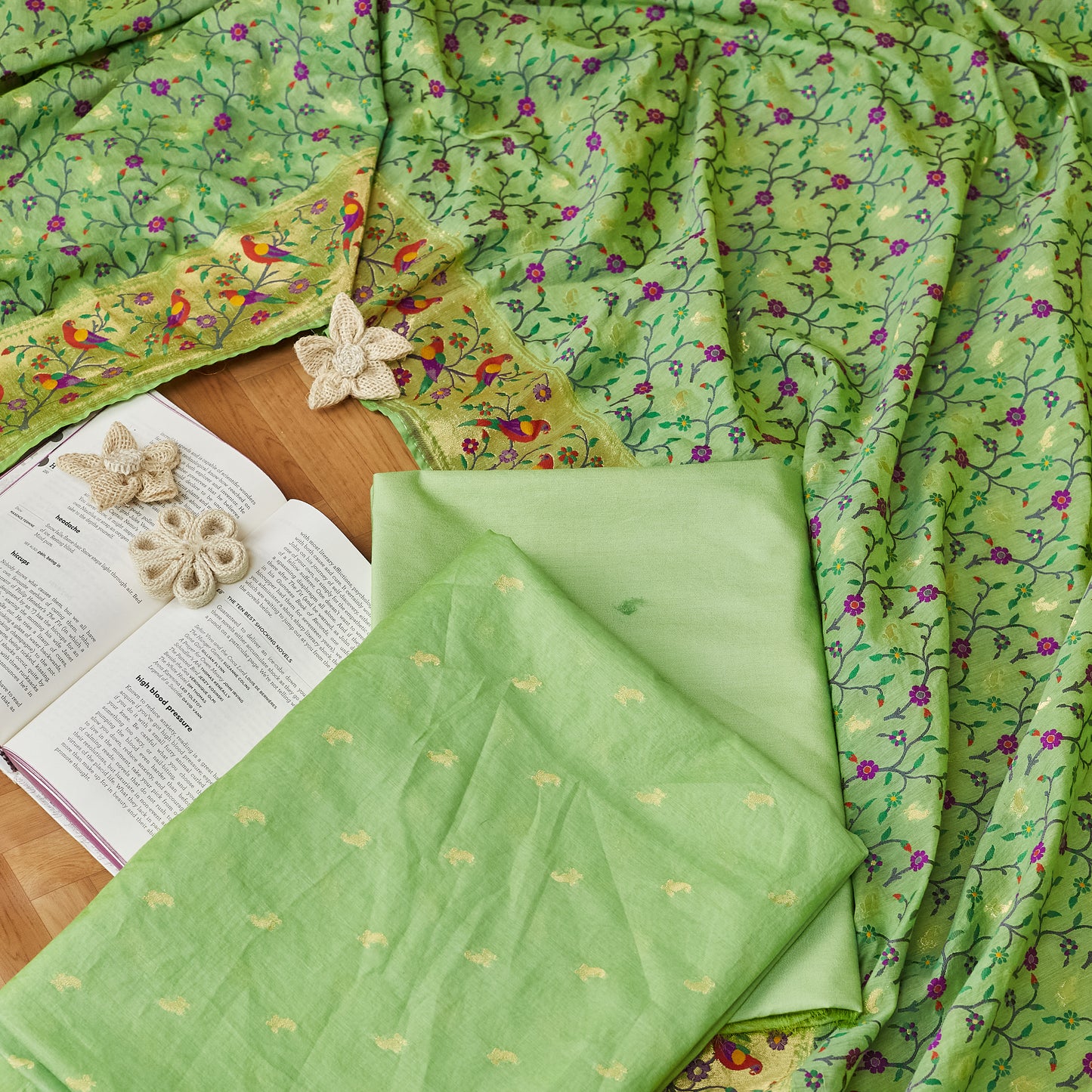 Green Paithani meenadar Chanderi cotton 3 piece set