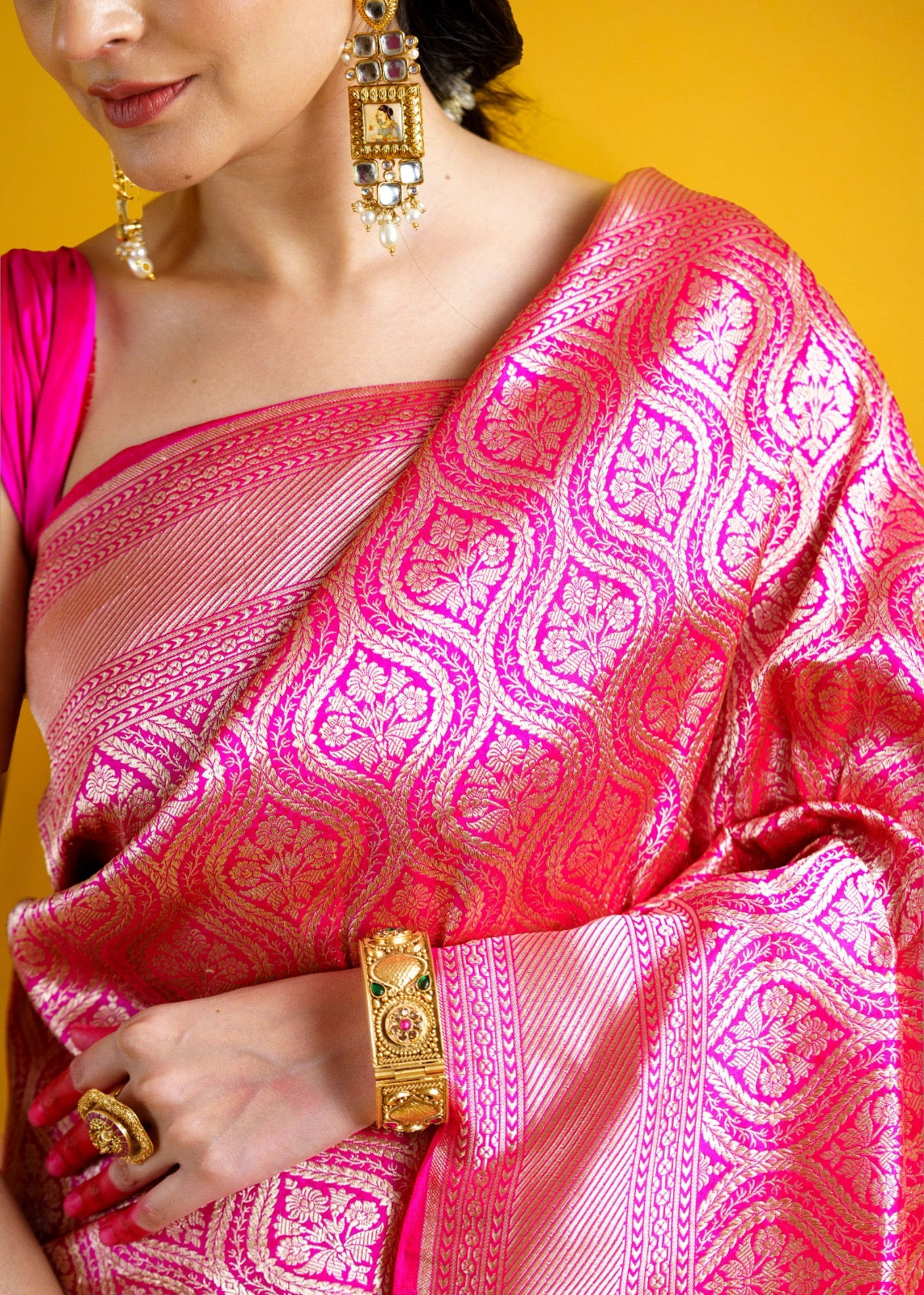 Pink full jaal kadhwa katan silk saree.