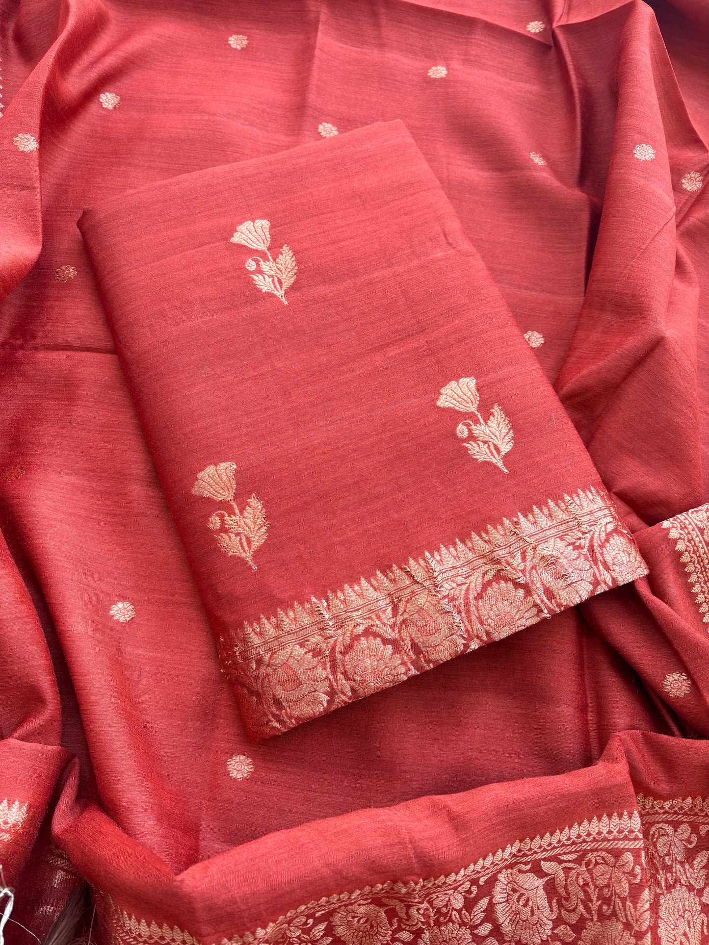 Rust raw silk tussar kadhwa suit set