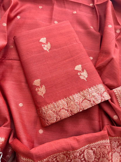 Rust raw silk tussar kadhwa suit set