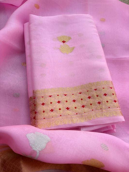 Pink kora kadhwa rose design suit set