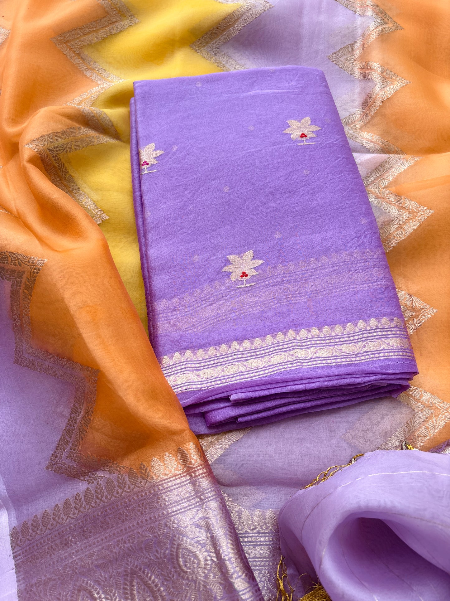 Lavender Kora silk suit with shaded kora dupatta