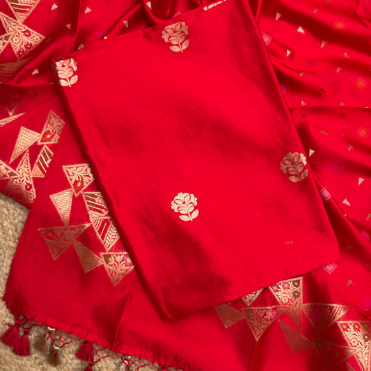Red Chiniya silk 3 piece suit set