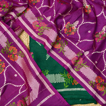 Green kurta and magenta dupatta with pure silk bottom moonga silk suit set