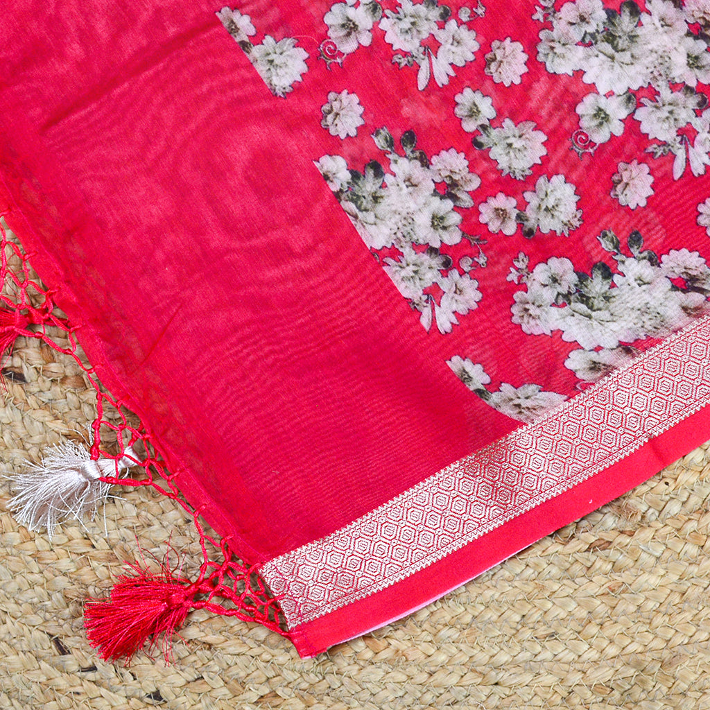 Red Chanderi silk printed suit set