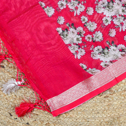 Red Chanderi silk printed suit set