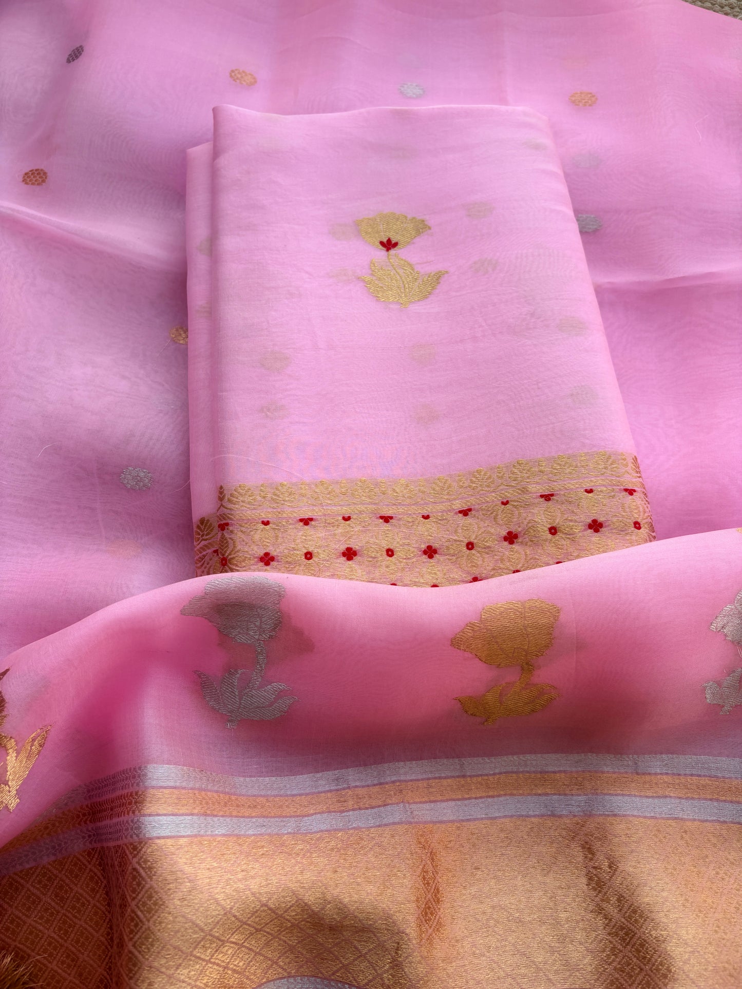 Pink kora kadhwa rose design suit set
