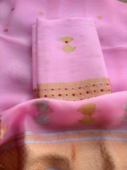 Pink kora kadhwa rose design suit set