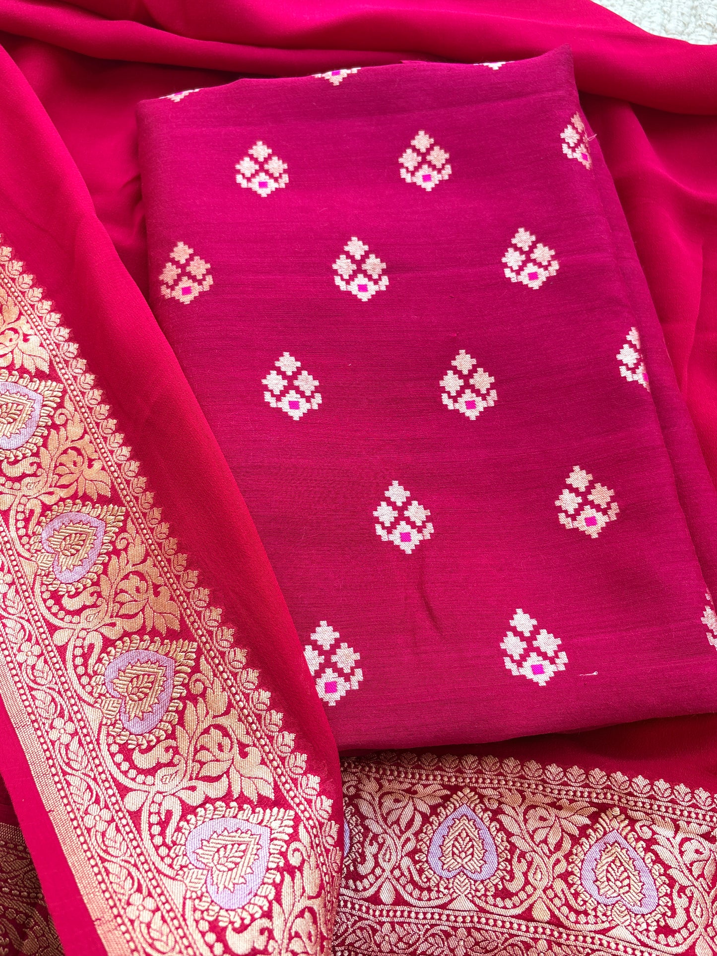 Pink moonga silk suit with Khaddi georgette kadhwa dupatta