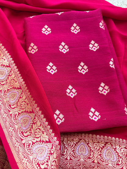 Pink moonga silk suit with Khaddi georgette kadhwa dupatta