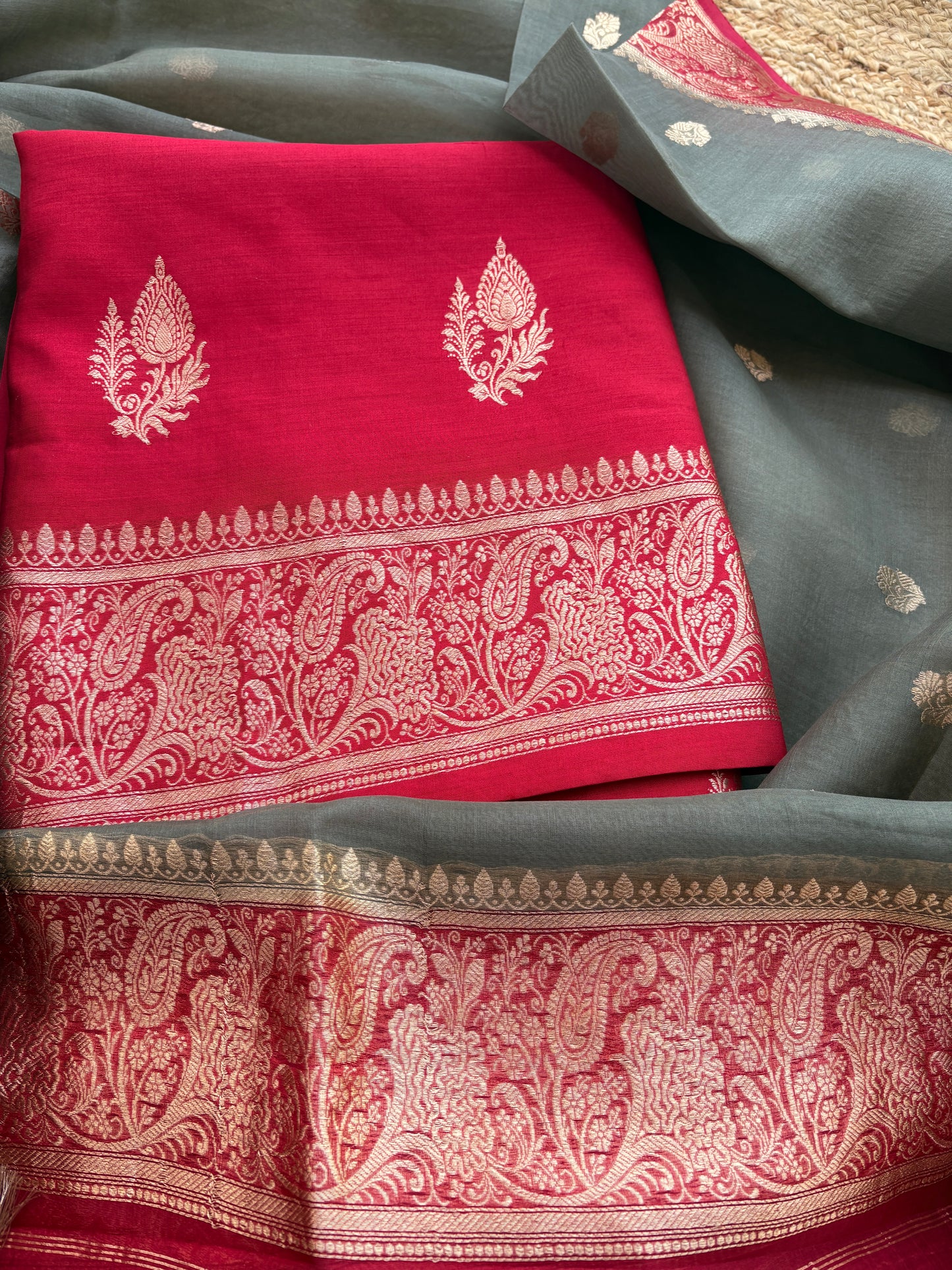 Red Chiniya silk suit with shaded dupatta