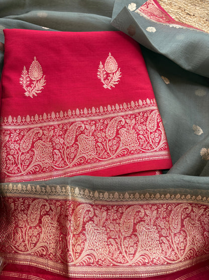 Red Chiniya silk suit with shaded dupatta