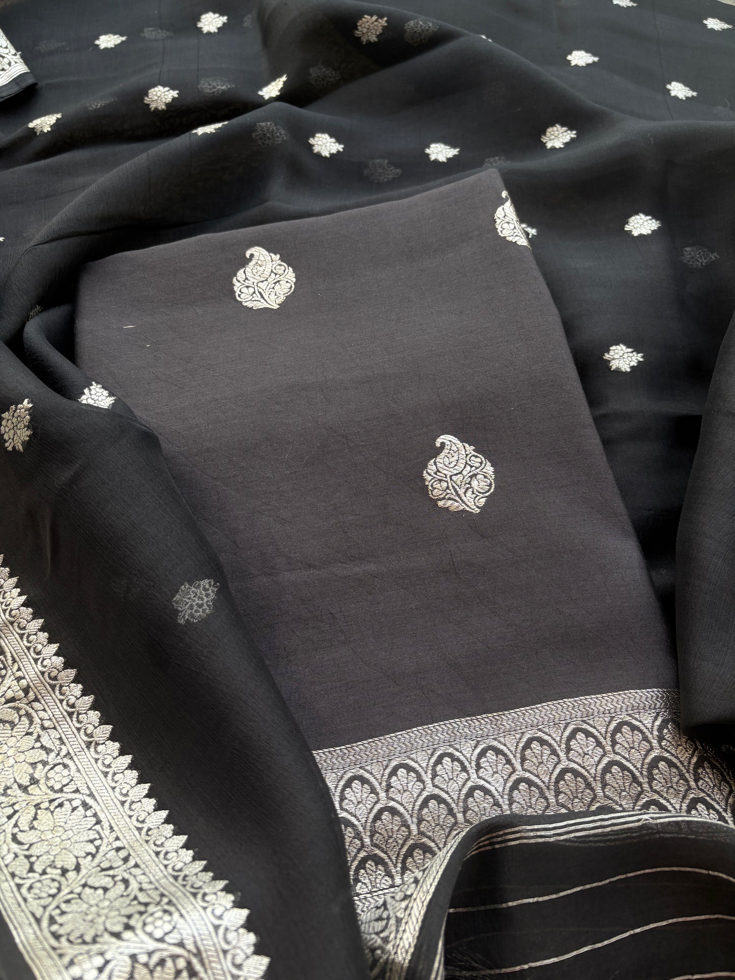 Black Chiniya silk pure silver zari suit set
