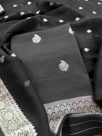 Black Chiniya silk pure silver zari suit set
