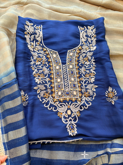 Blue tissue handwork suit with tissue dupatta