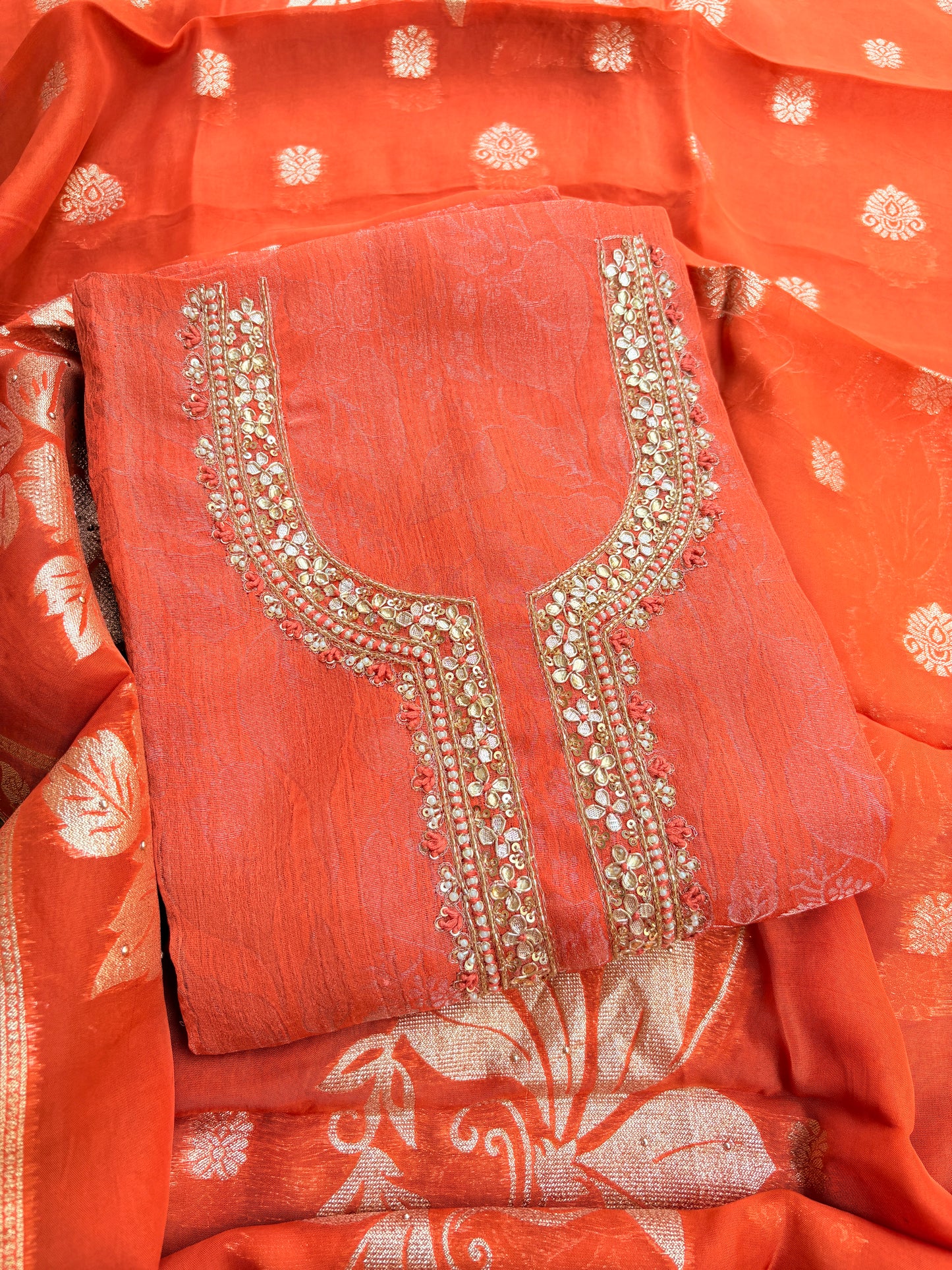 Peach orange tissue silk 3 piece  suit set