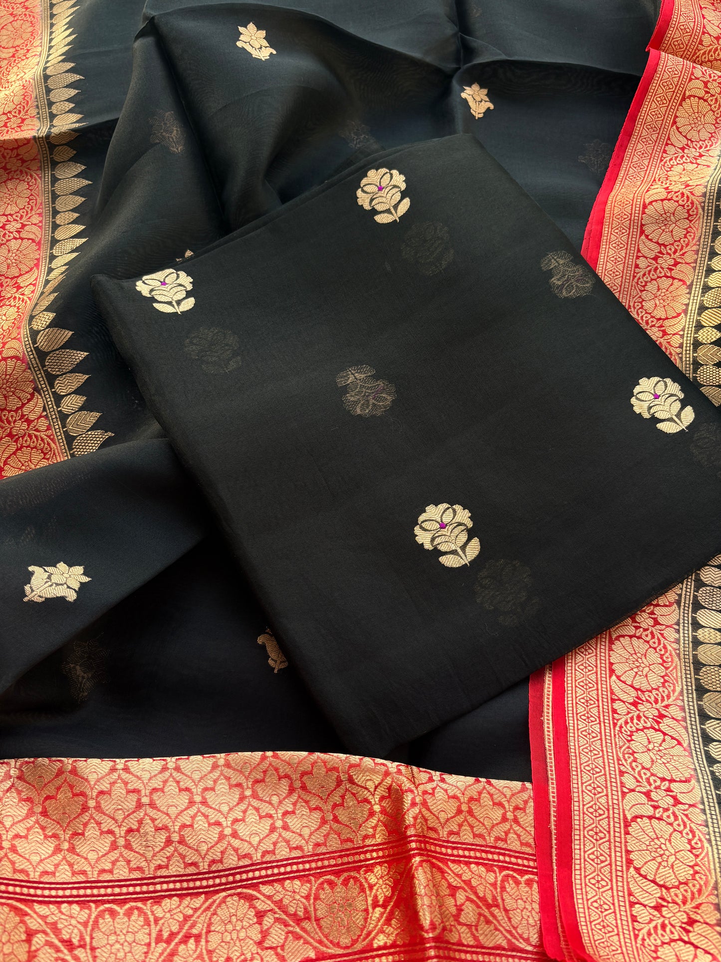 Black Kora silk with red shaded dupatta