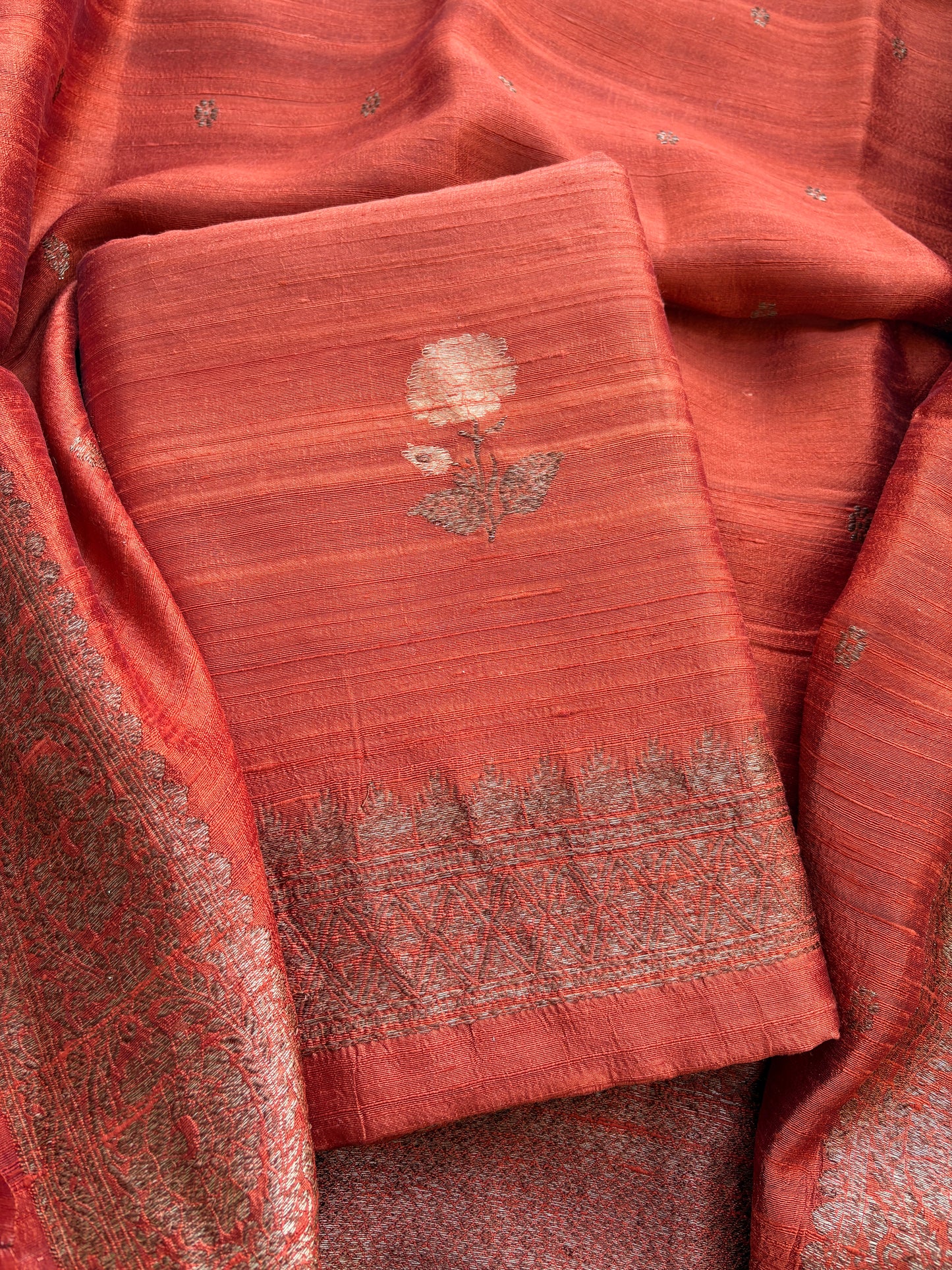 Rust raw silk tussar kadhwa suit set