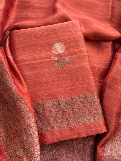 Rust raw silk tussar kadhwa suit set