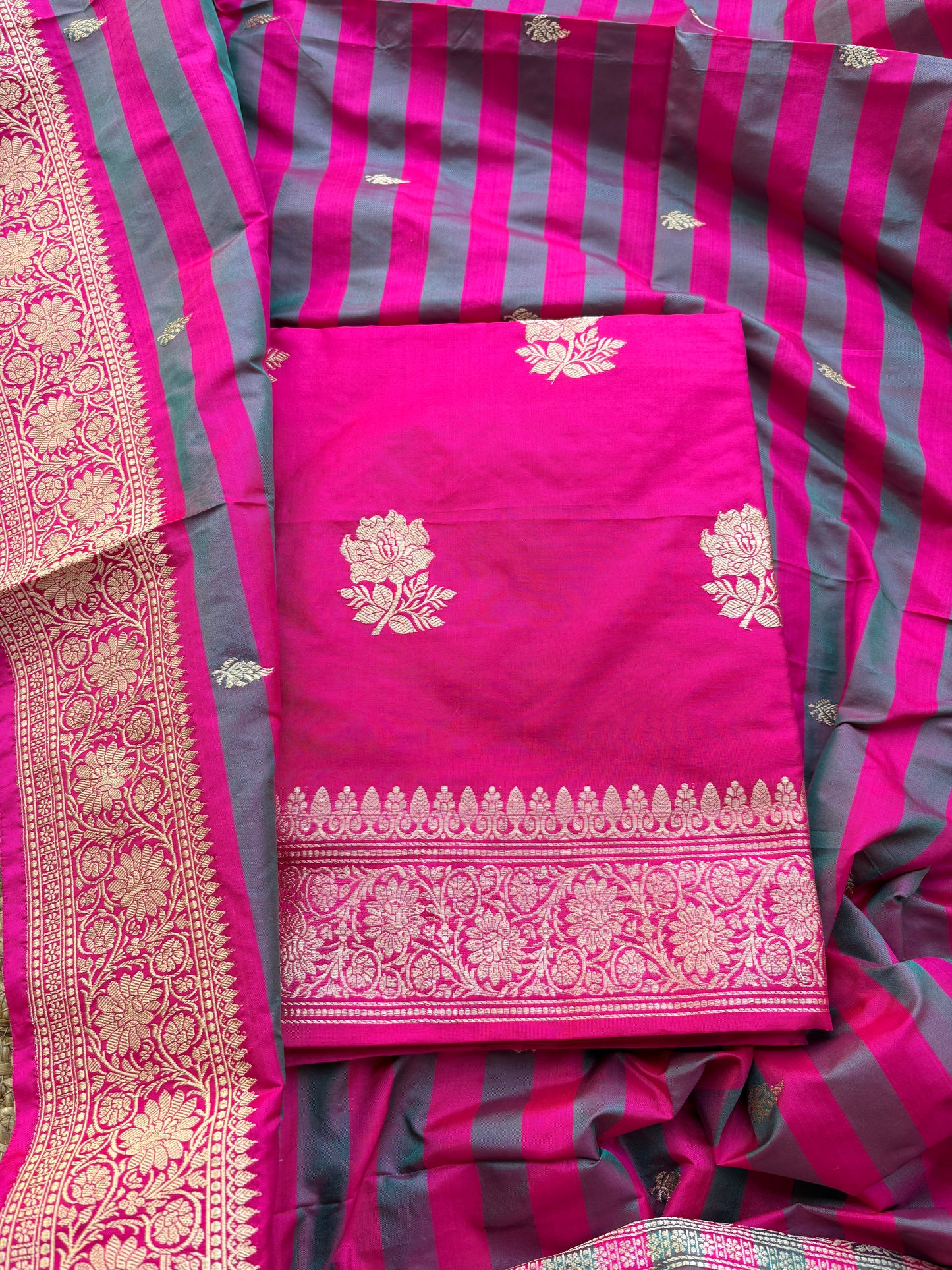 Pink katan by katan silk kadhwa suit set with stripe katan dupatta